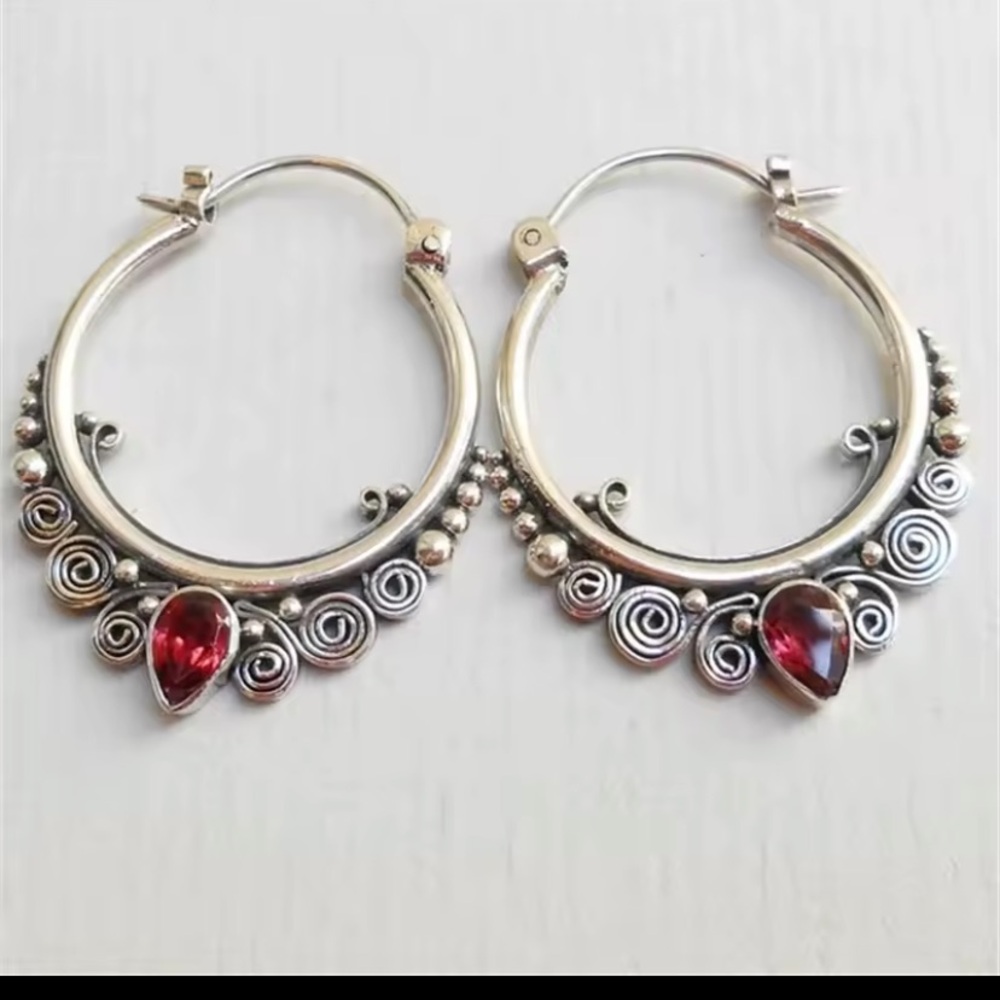 Elegant Mandala Silver and Red Hoop Earrings